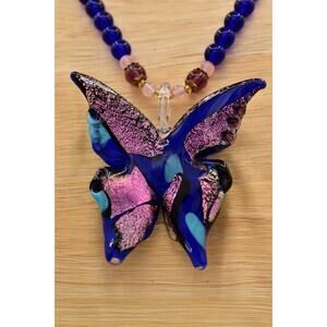 Vintage Murano Glass Butterfly Necklace Blue Pink Uno Alla Volta Signed BinBM
